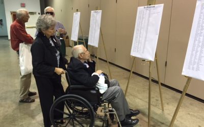 TI retirees perused the In Memoriam exhibit at the 2015 TI retiree luncheon.
